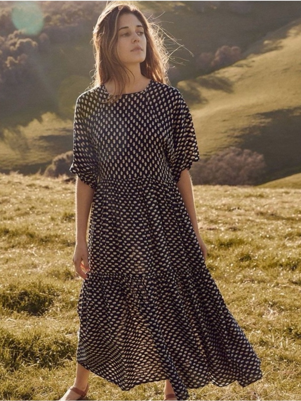 Christy Dawn Black and Cream Printed Midi Dress - Picture 1 of 7